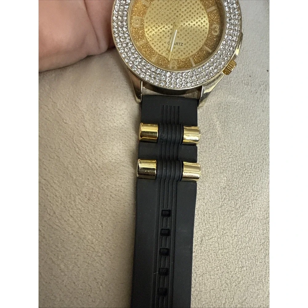 Unisex Watch Luxury‎ Hip Hop Full Iced Face Gold Finished Black   Band  4303